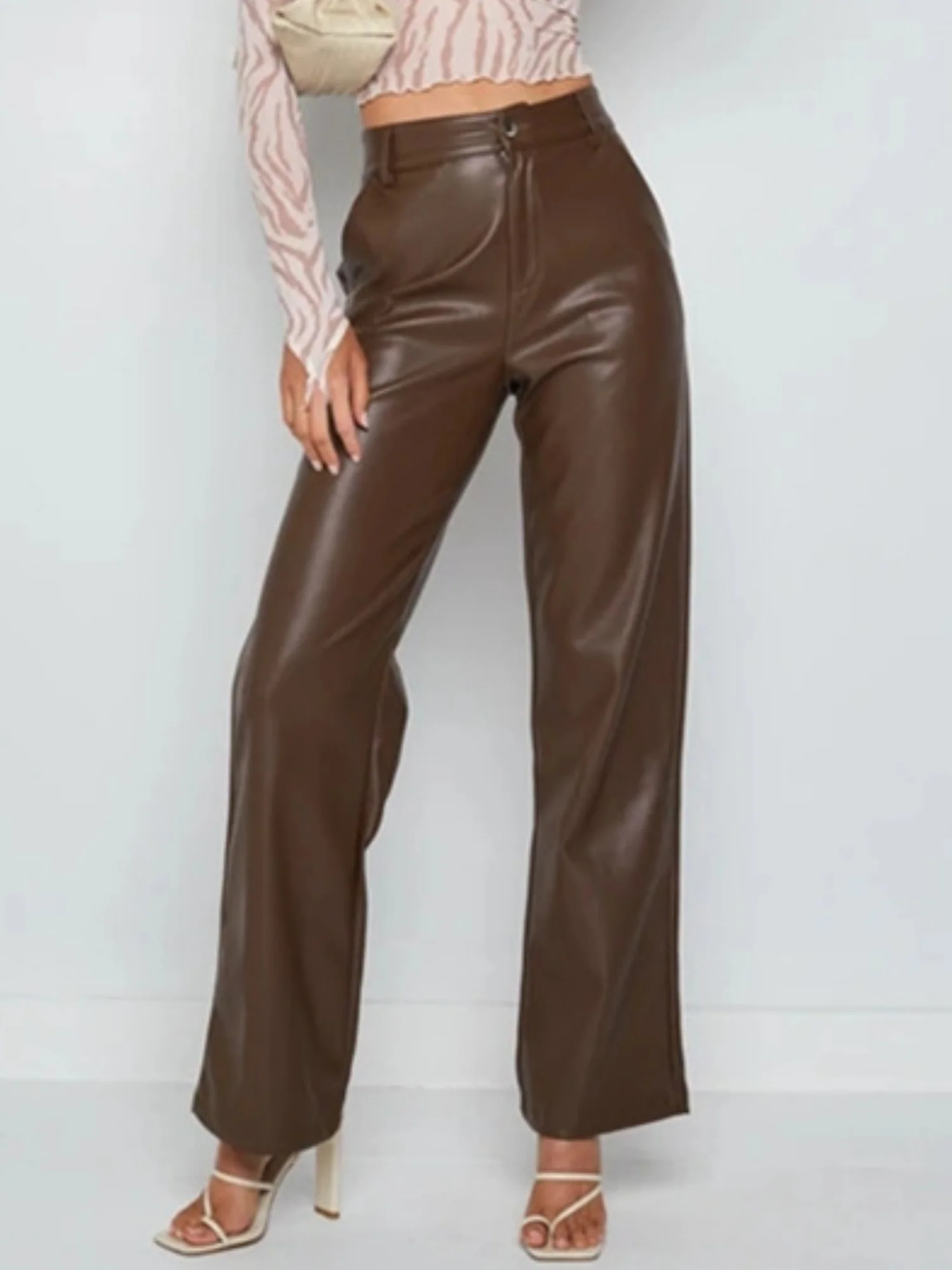 PU Leather Button Pocket High-waisted And High-elasticity Pants - Image 2