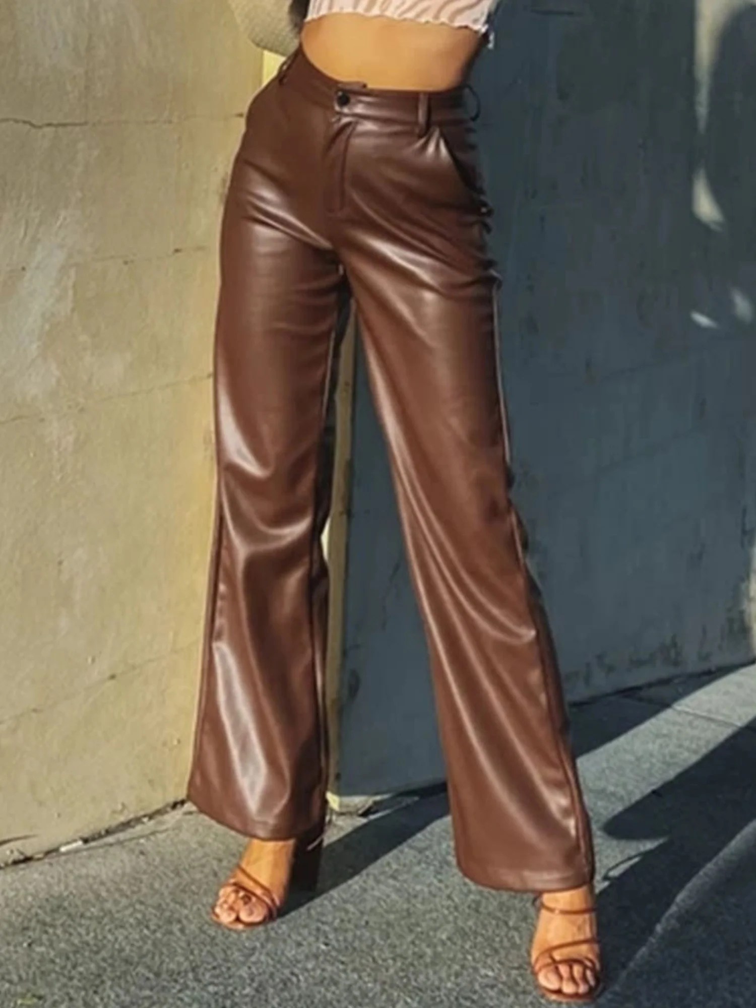 PU Leather Button Pocket High-waisted And High-elasticity Pants - Image 3