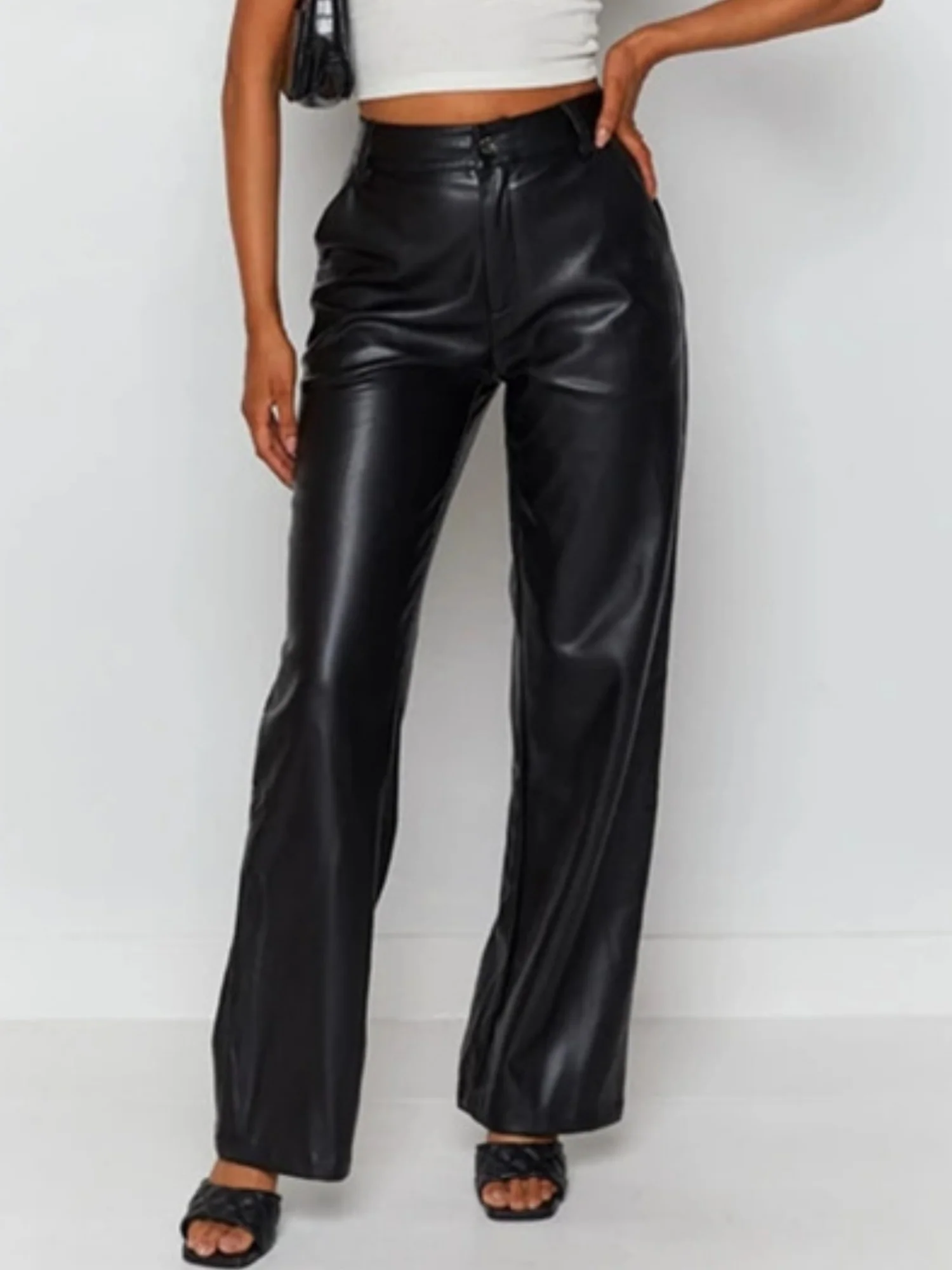 PU Leather Button Pocket High-waisted And High-elasticity Pants - Image 4