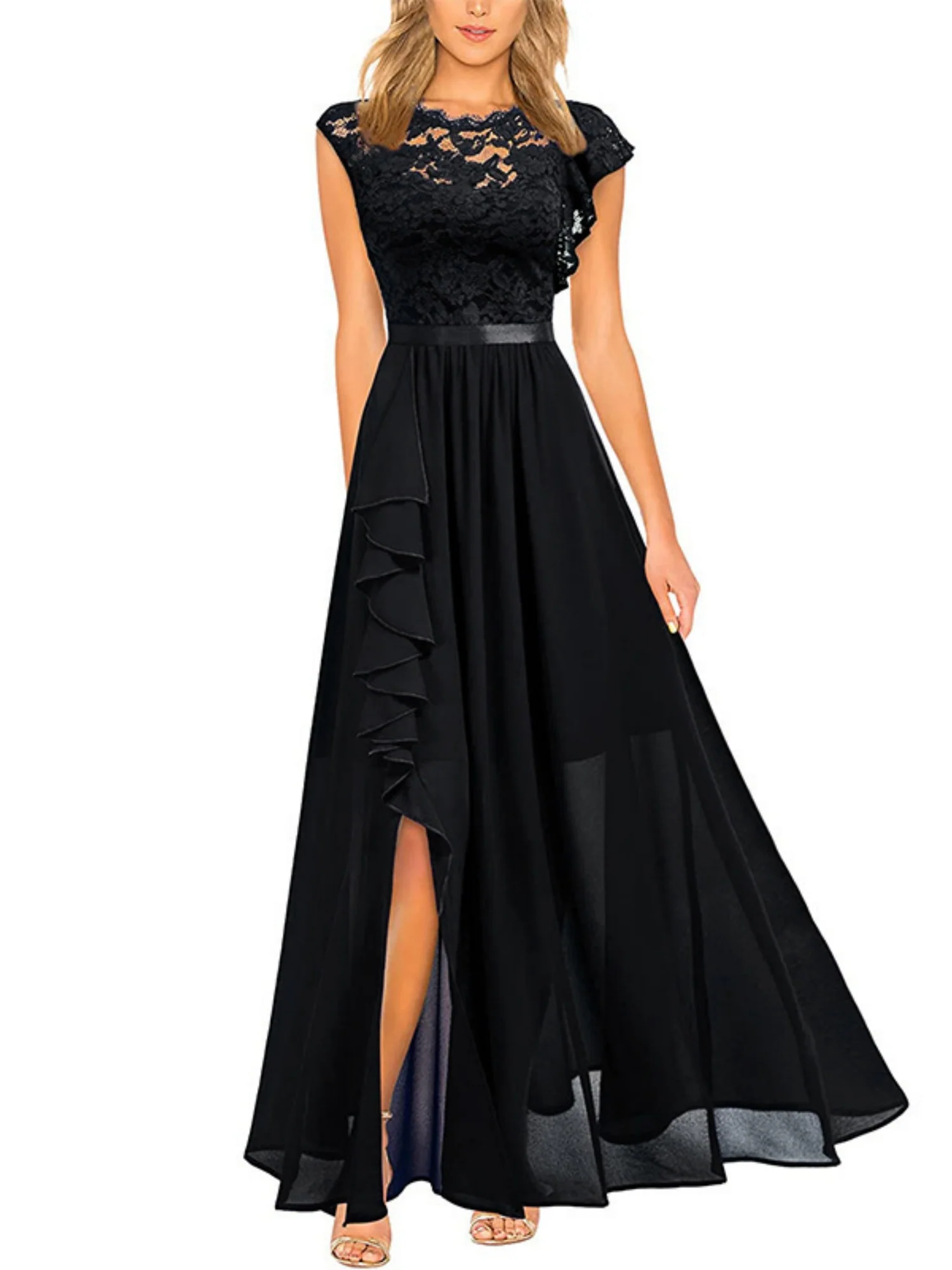 Lace Cutout Lace Patchwork Short-sleeved Long Dress - Image 5