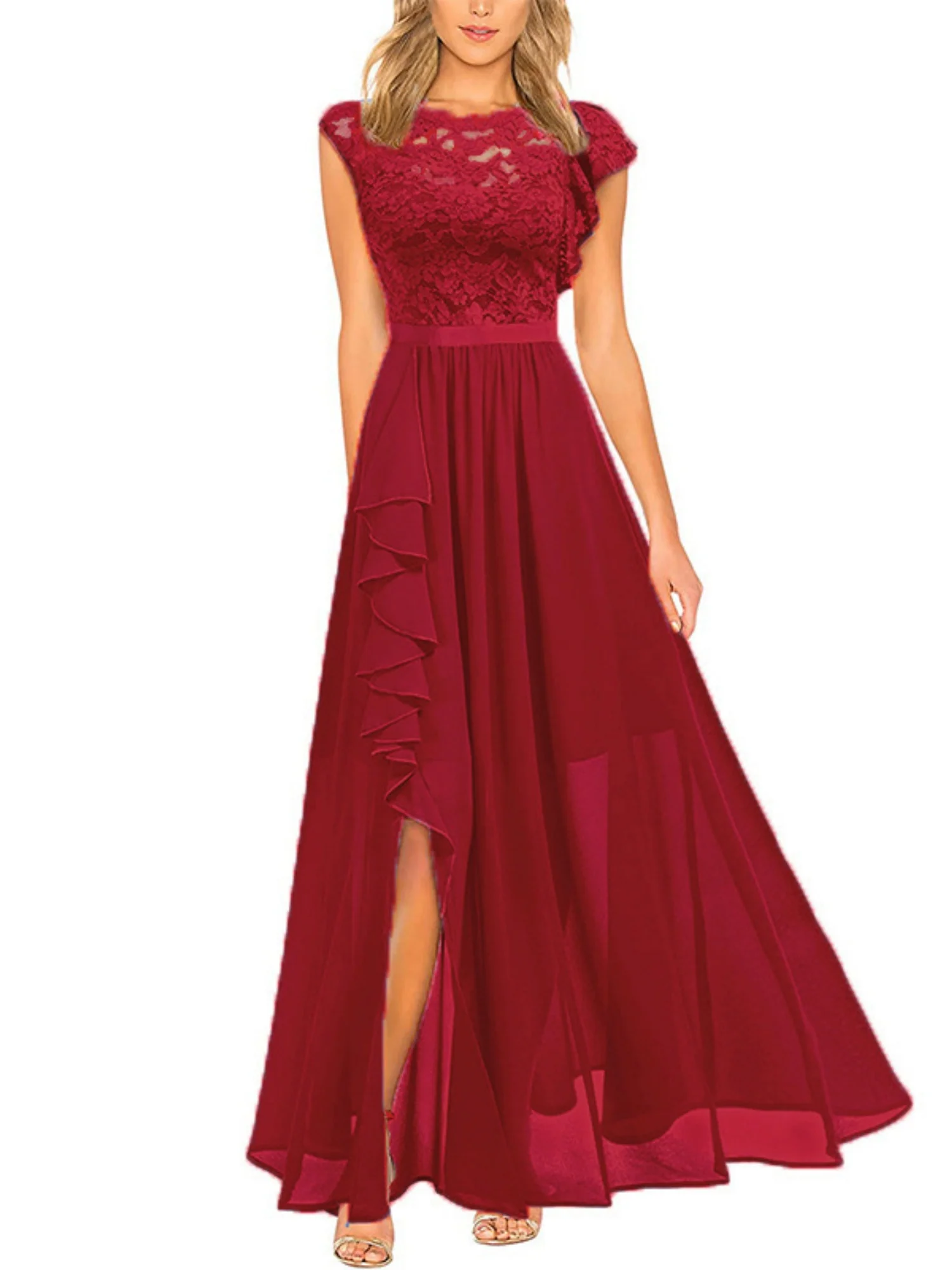 Lace Cutout Lace Patchwork Short-sleeved Long Dress - Image 6