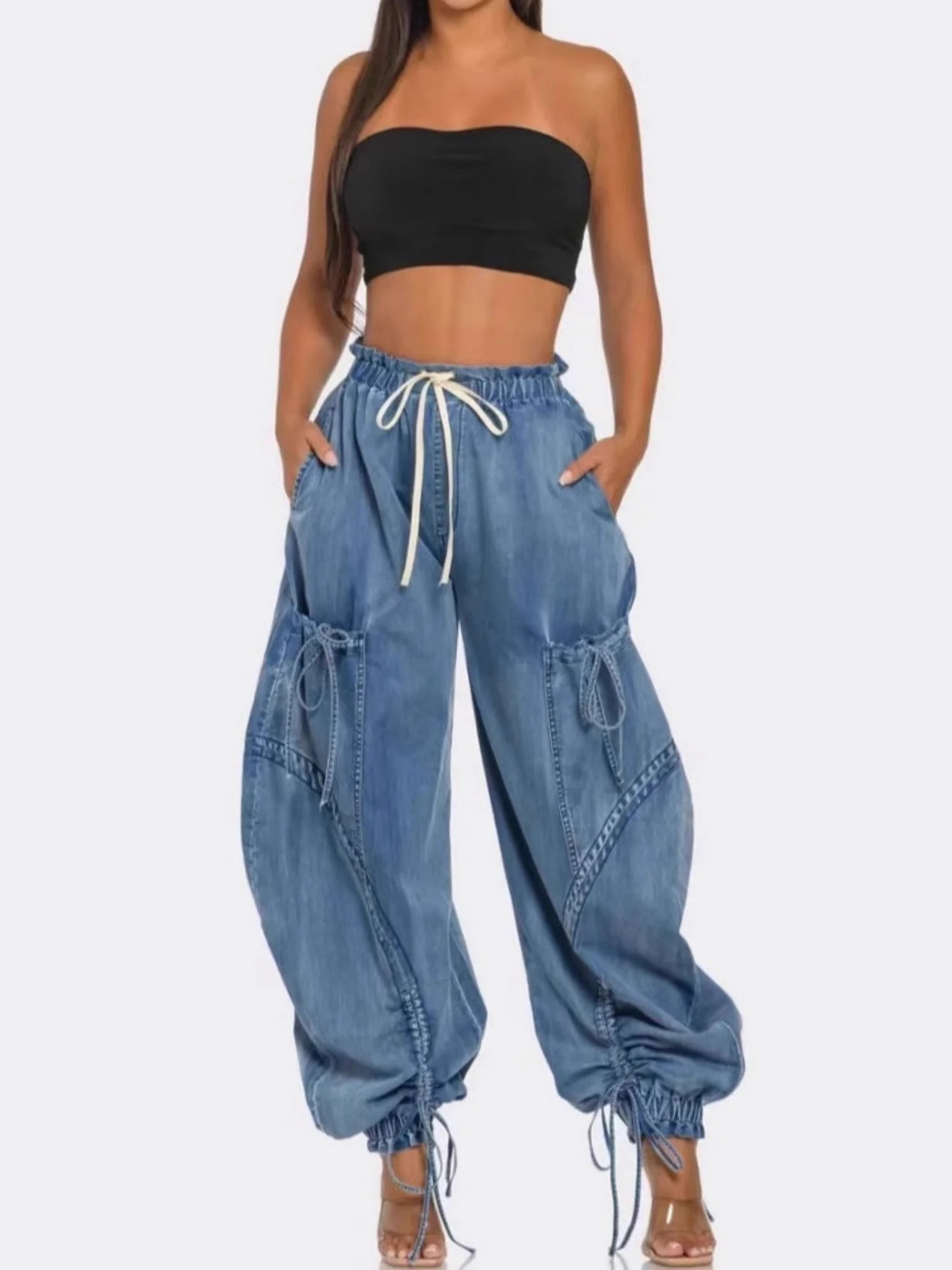 Y2K Drawstring Bow Tie Loose-fitting Ankles Jeans