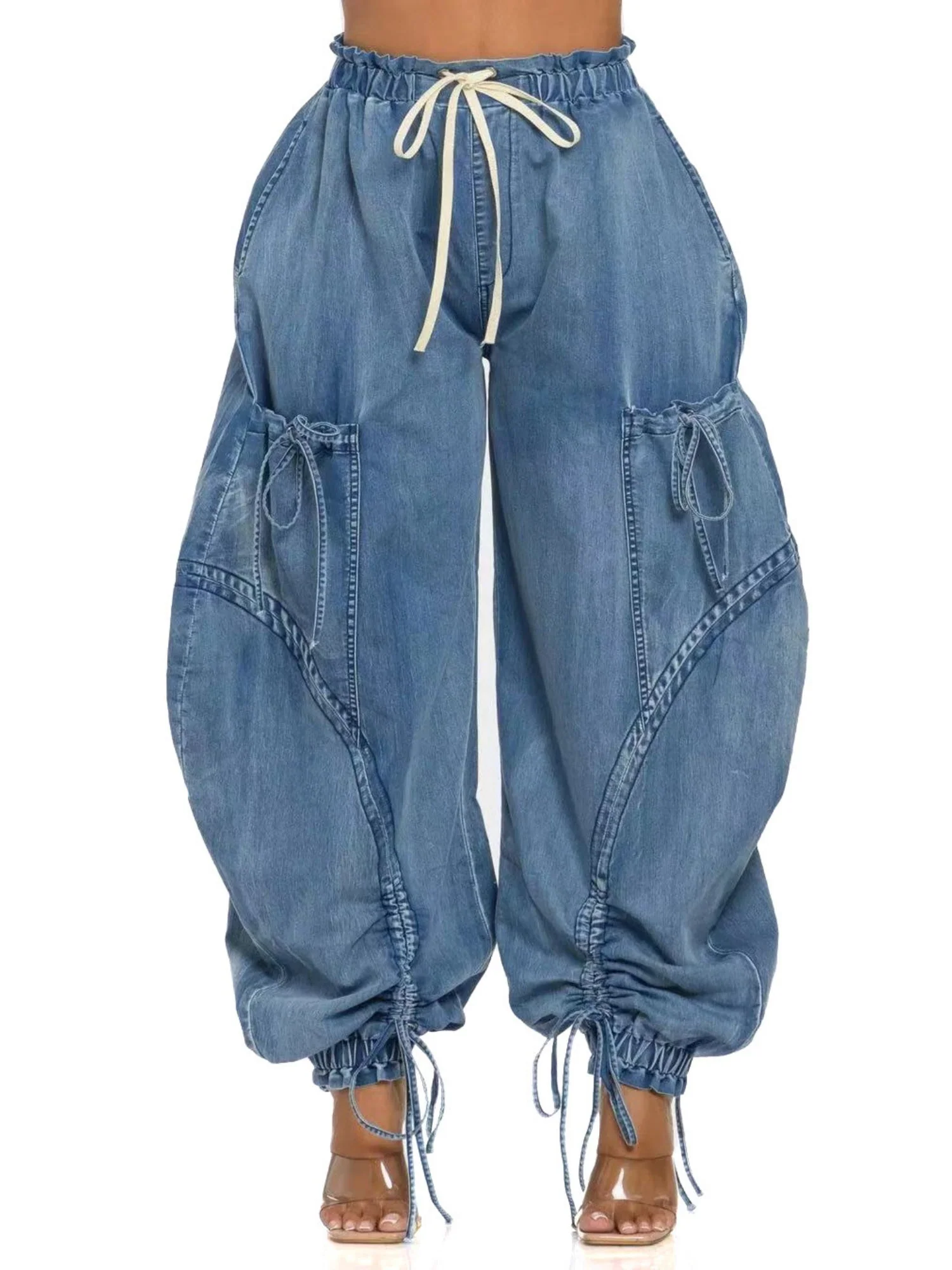 Y2K Drawstring Bow Tie Loose-fitting Ankles Jeans - Image 3