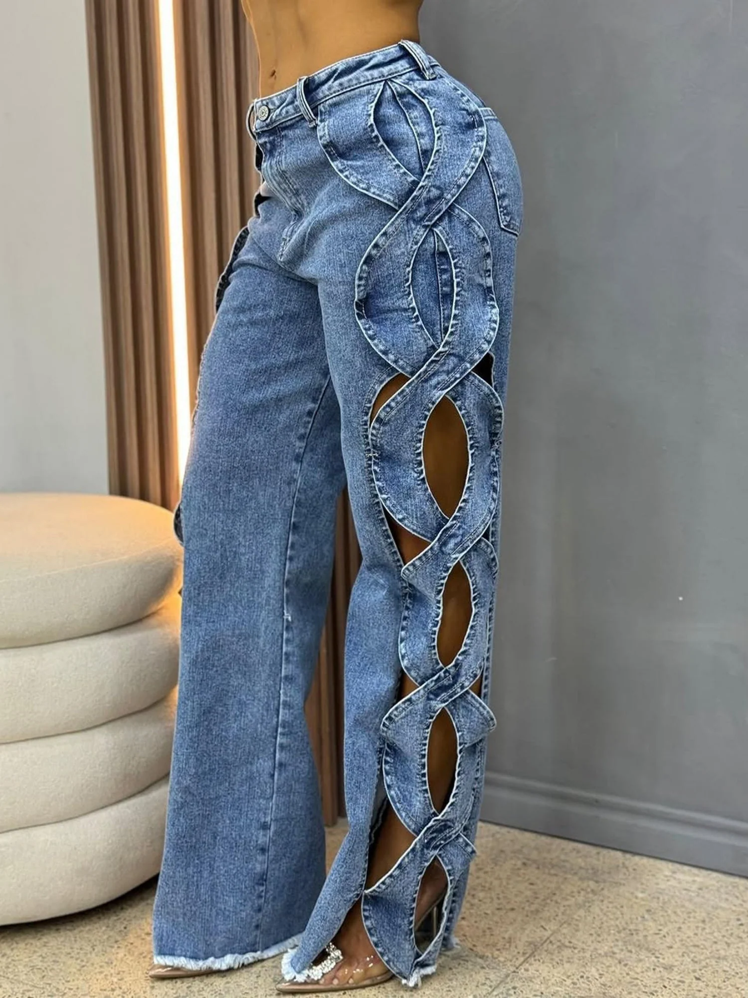 Y2K Hollowed-out Side Splicing Design Jeans