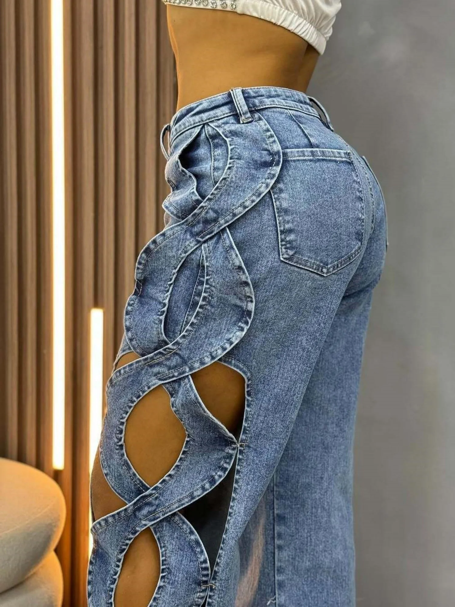 Y2K Hollowed-out Side Splicing Design Jeans - Image 2