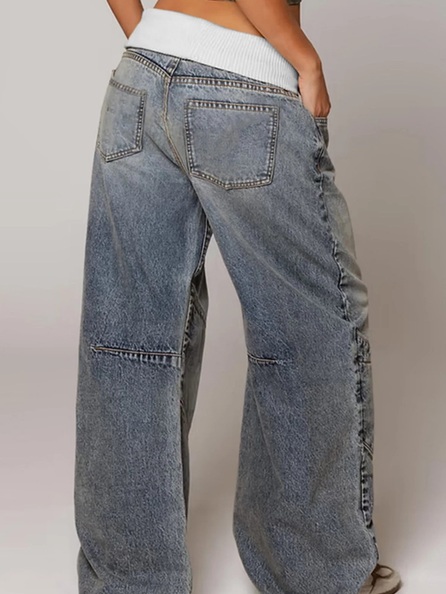 Y2K Color Blocking Threaded Waist Retro Jeans - Image 2