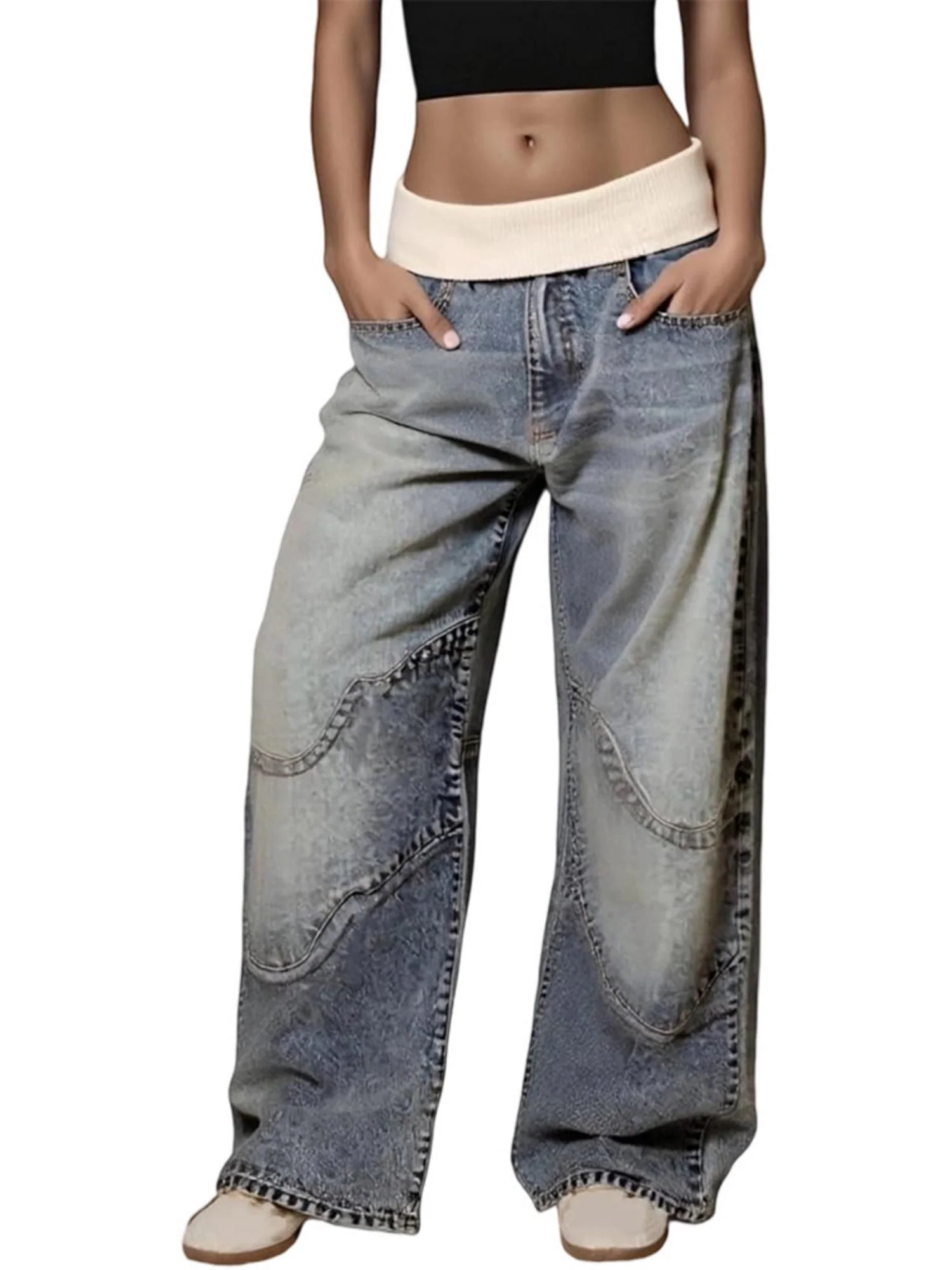 Y2K Color Blocking Threaded Waist Retro Jeans - Image 3