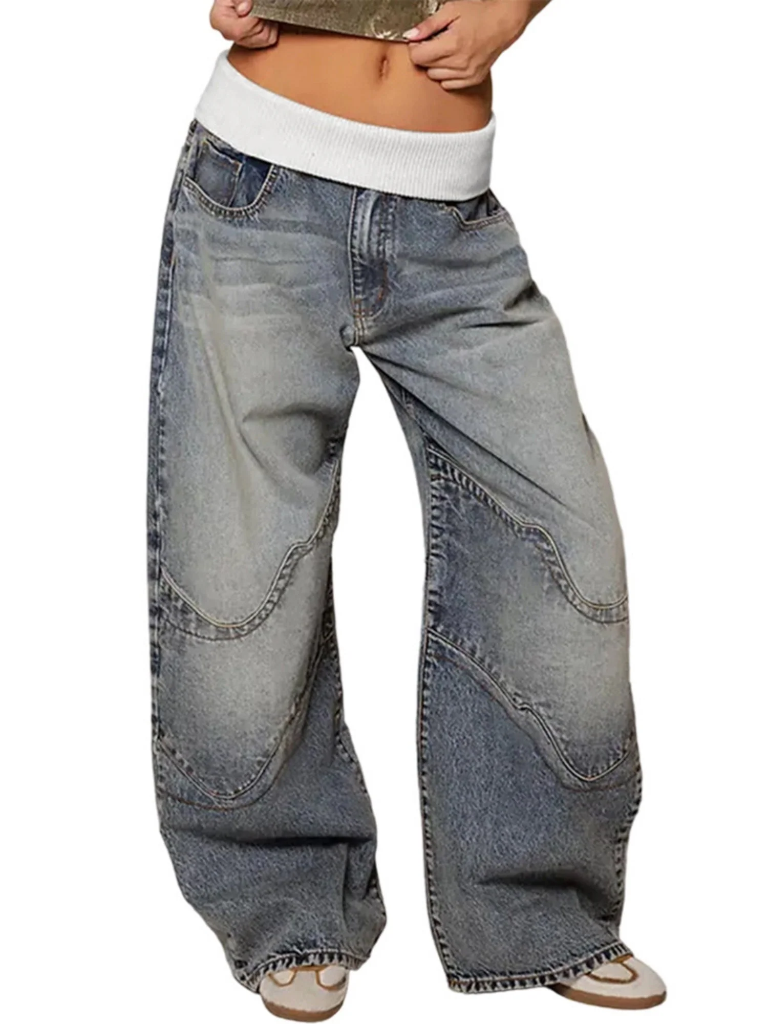 Y2K Color Blocking Threaded Waist Retro Jeans - Image 4