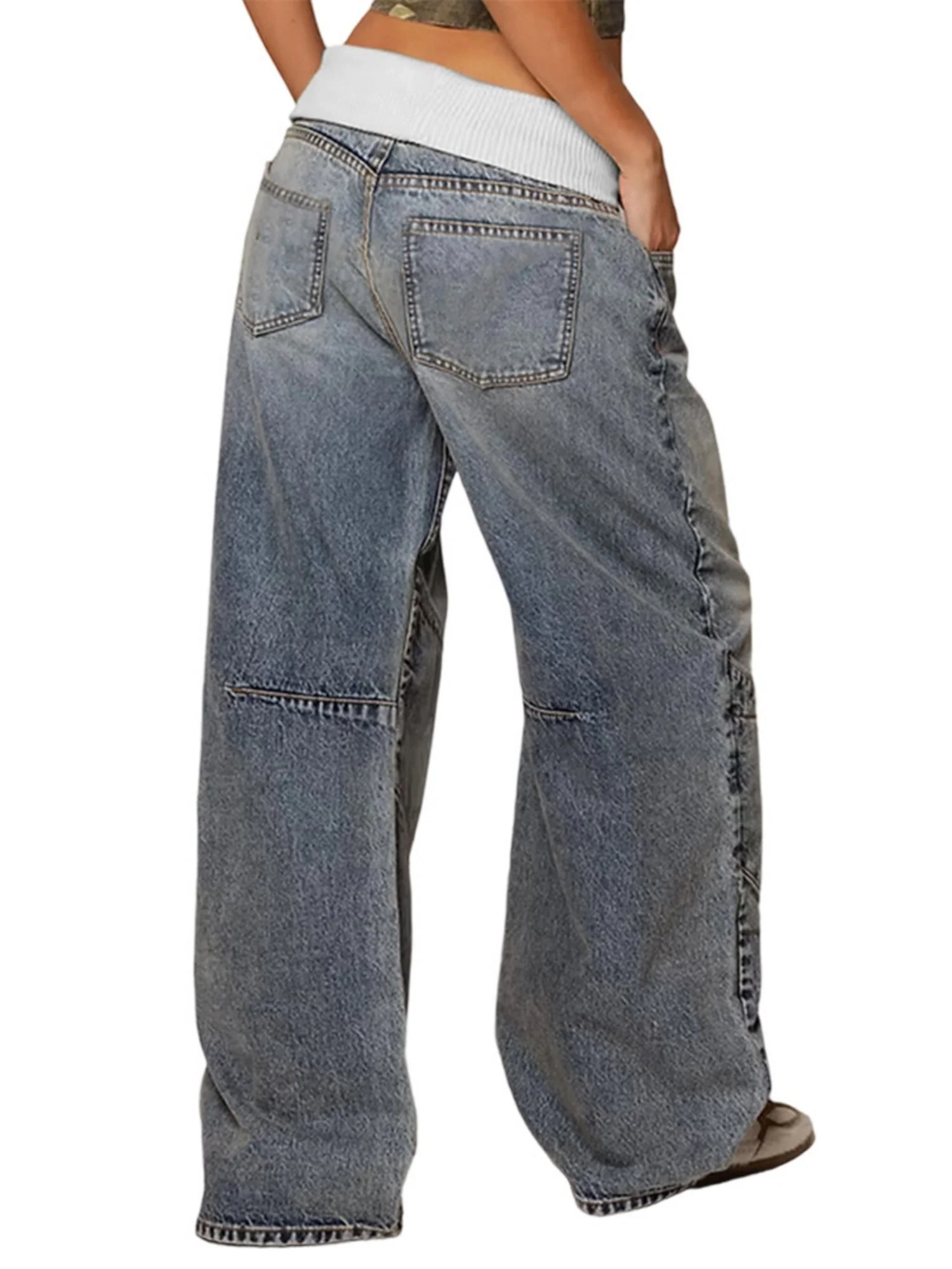 Y2K Color Blocking Threaded Waist Retro Jeans - Image 5