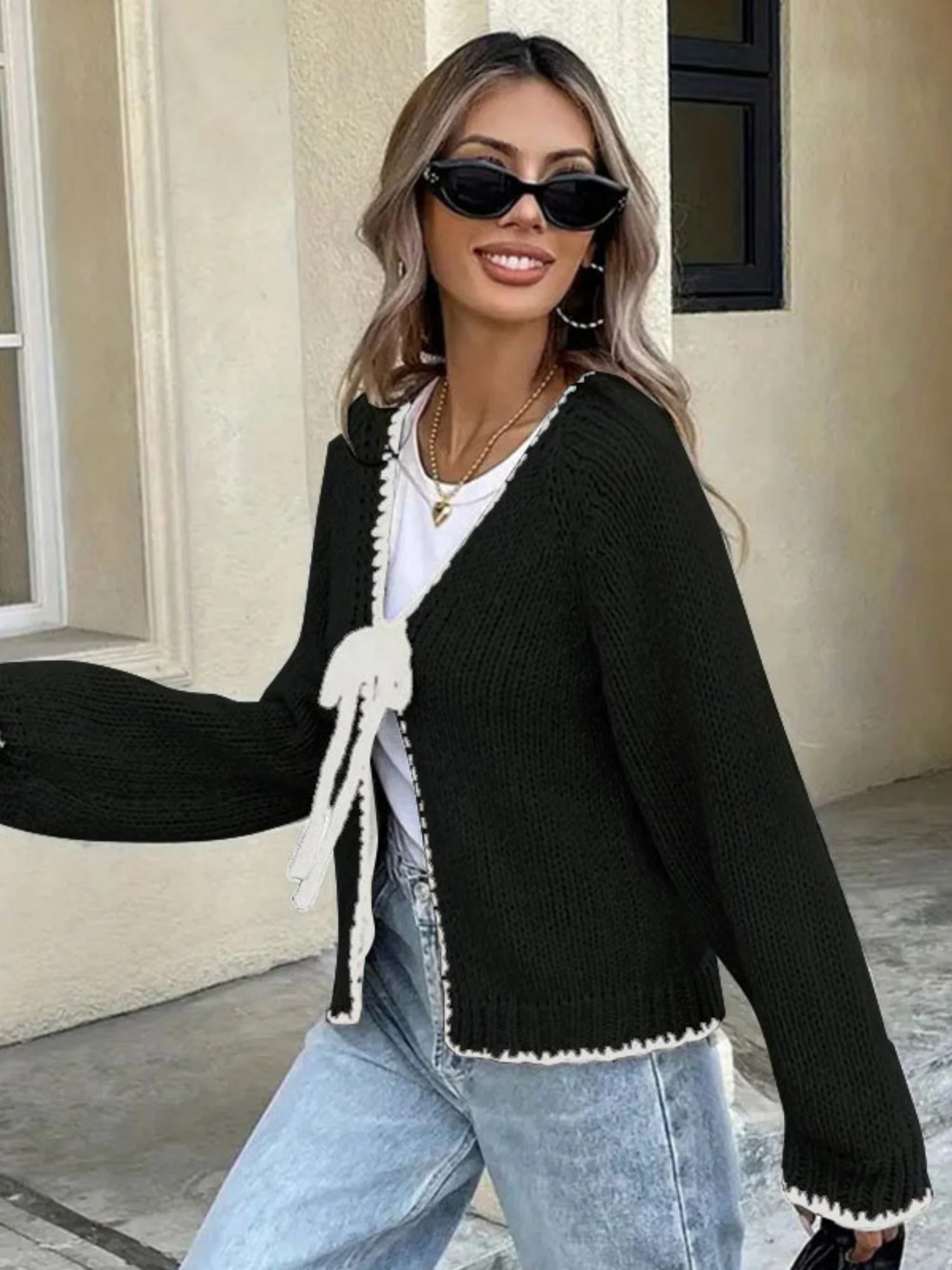 Bow Tie Color-blocked Cardigans - Image 6