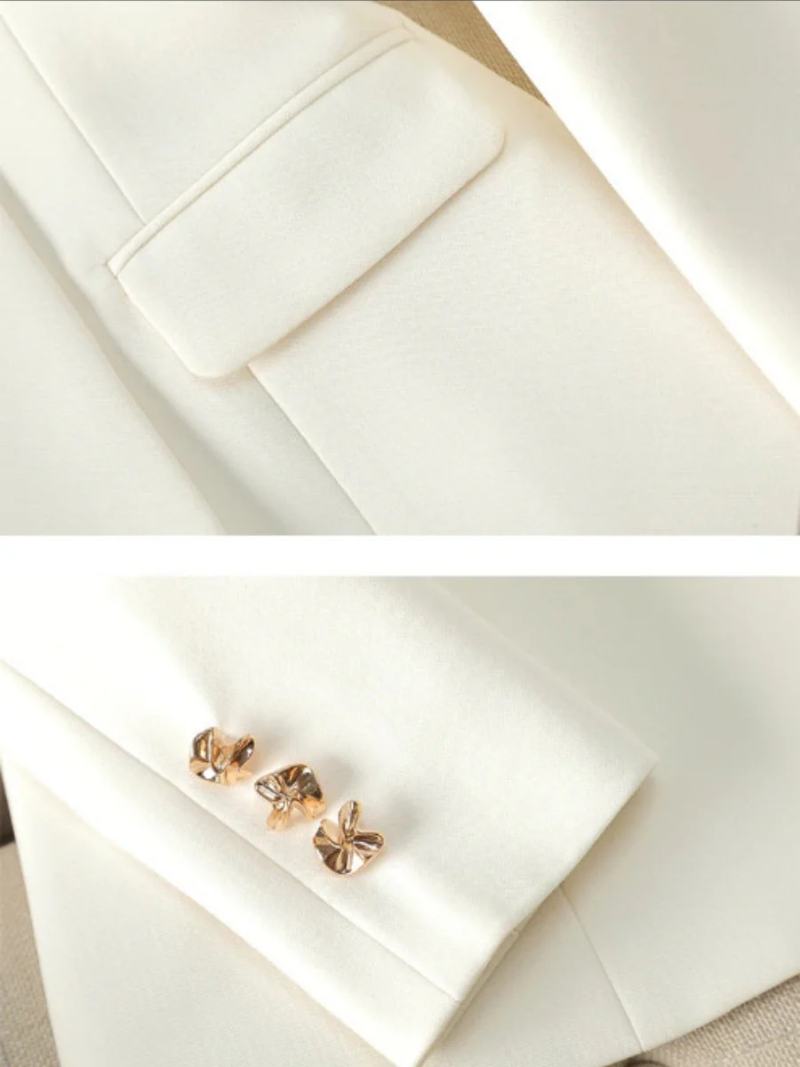 Solid Color Gold Button Decoration Blazers Trousers 2-piece Sets - Image 3