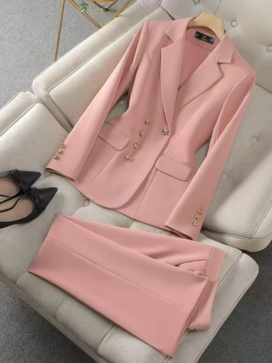 Solid Color Gold Button Decoration Blazers Trousers 2-piece Sets - Image 6