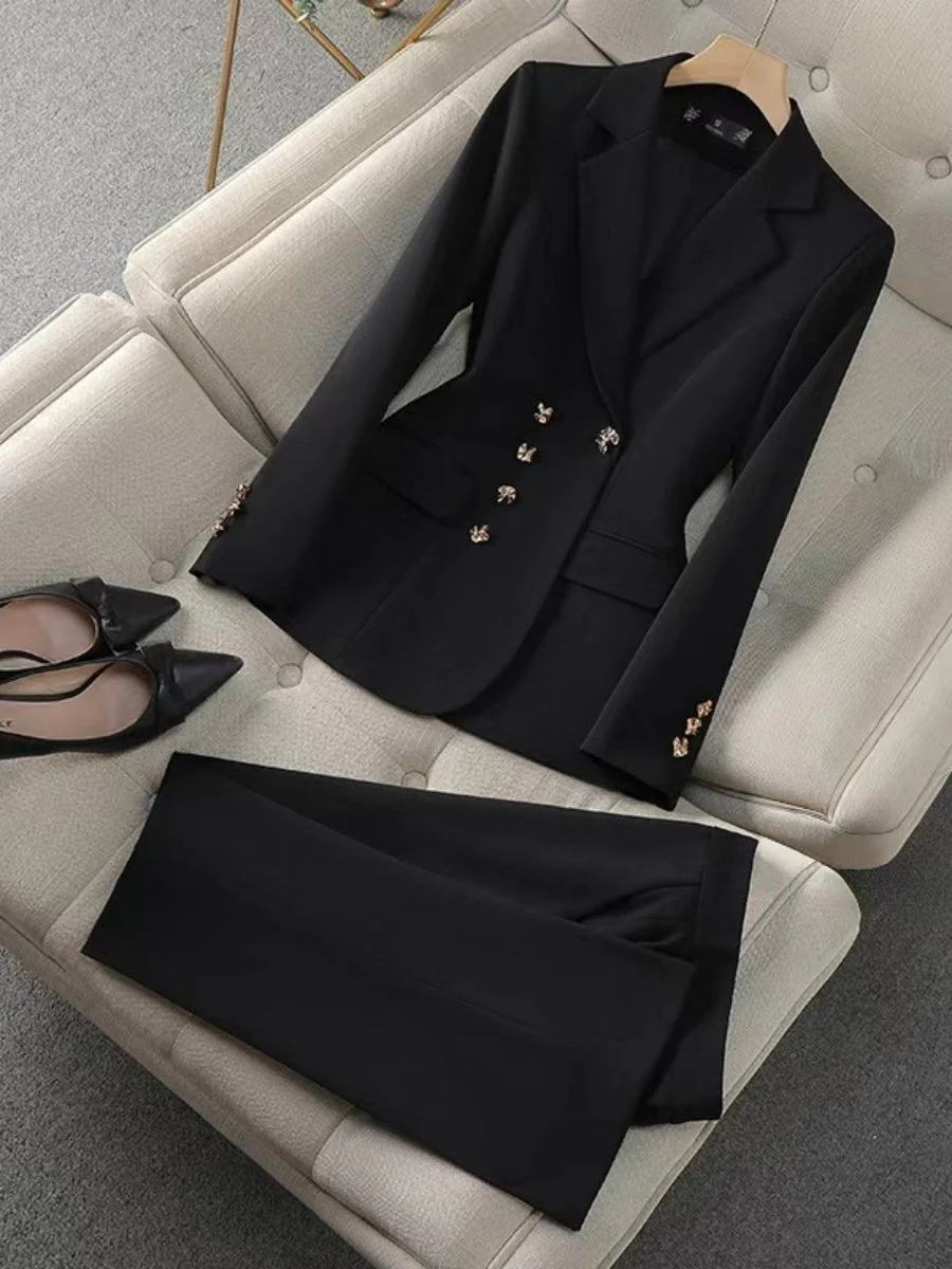 Solid Color Gold Button Decoration Blazers Trousers 2-piece Sets - Image 7