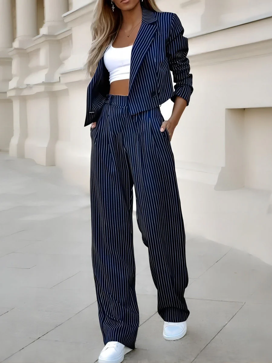 Striped Short Lapel Straight-leg Suit Trousers 2-piece Sets - Image 3