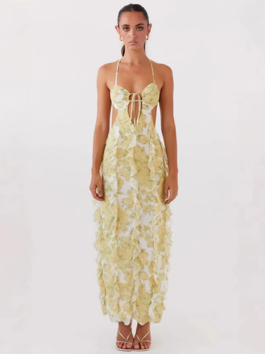 Backless Floral Ruffled Long Dress