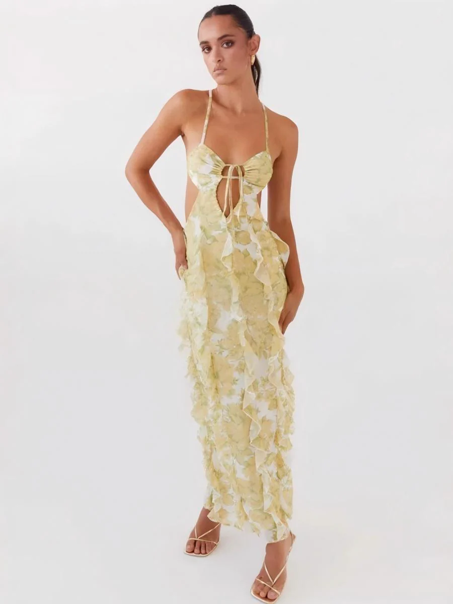 Backless Floral Ruffled Long Dress - Image 2