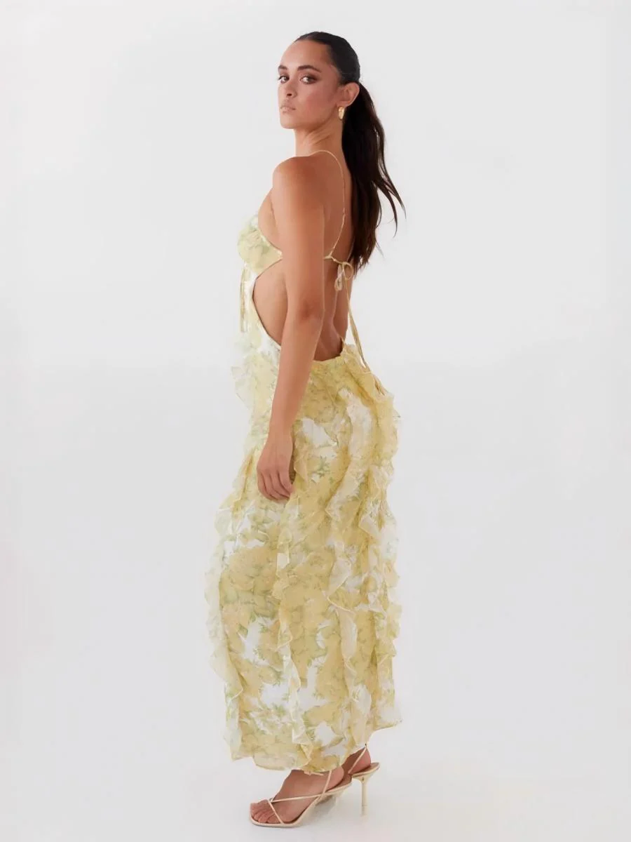 Backless Floral Ruffled Long Dress - Image 3
