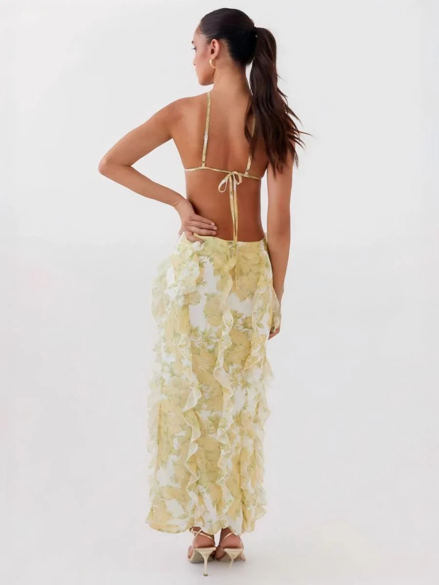 Backless Floral Ruffled Long Dress - Image 4