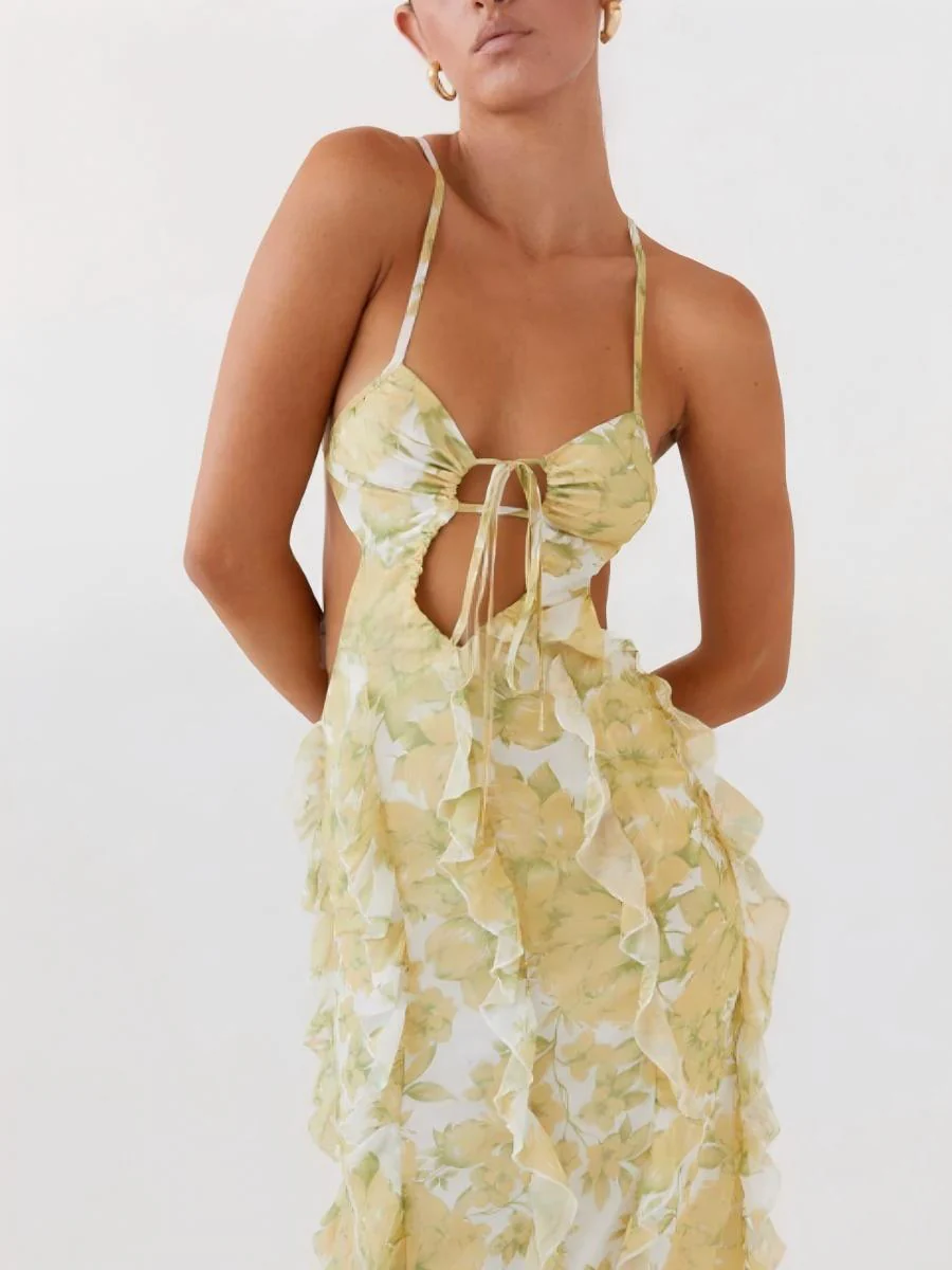 Backless Floral Ruffled Long Dress - Image 5