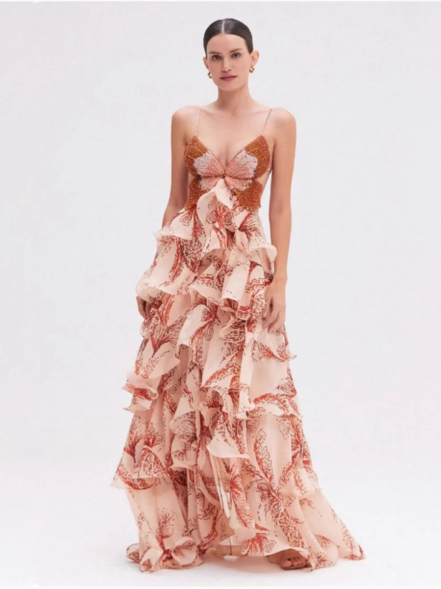 Multi-layered Ruffled Butterfly Halter Long Dress