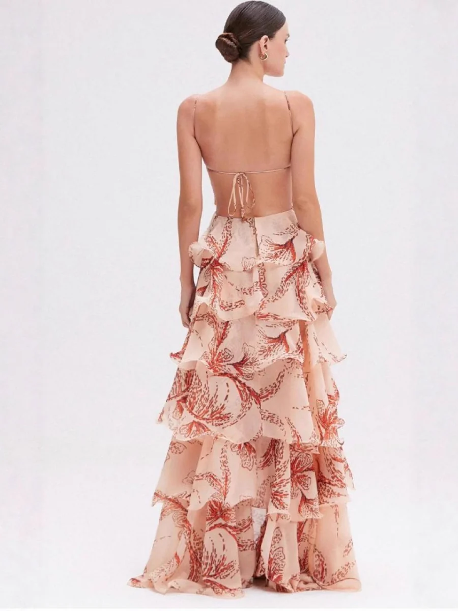 Multi-layered Ruffled Butterfly Halter Long Dress - Image 3