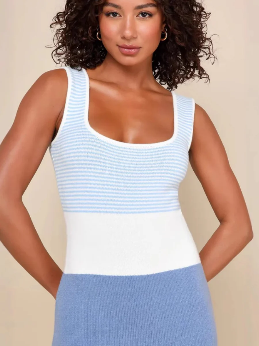 Colorful Striped Color-blocked Sleeveless Backless Fitted Long Knit Dress - Image 2