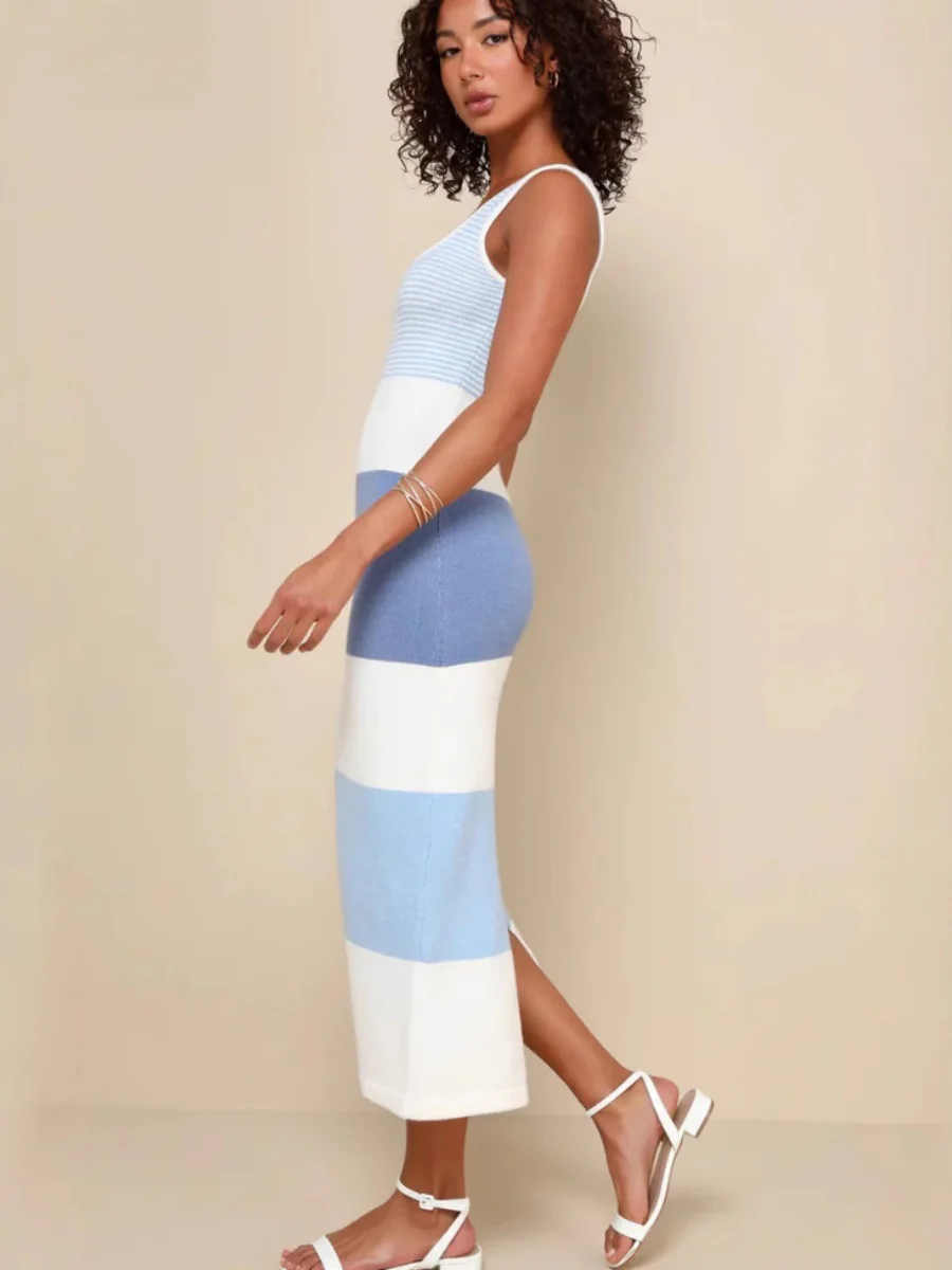 Colorful Striped Color-blocked Sleeveless Backless Fitted Long Knit Dress - Image 3