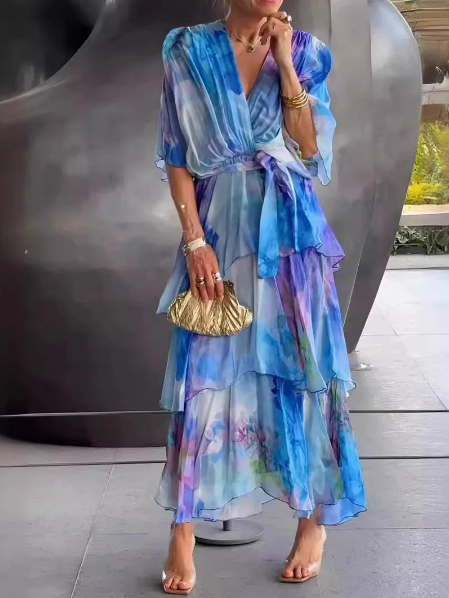 Floral Print Multi-layered Long Dress