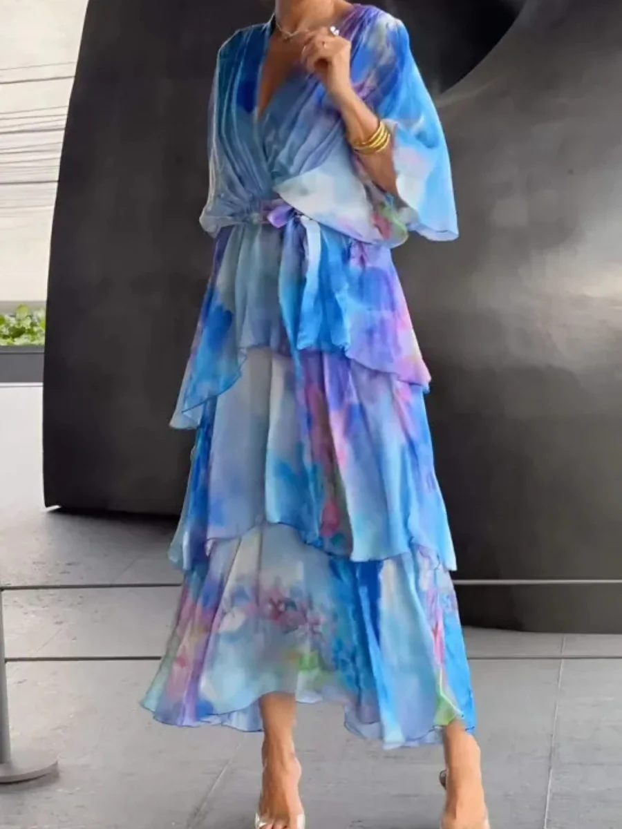 Floral Print Multi-layered Long Dress - Image 3
