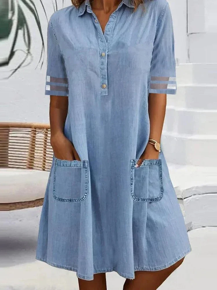 Mesh-paneled Solid Color Denim Short-sleeved Midi Dress