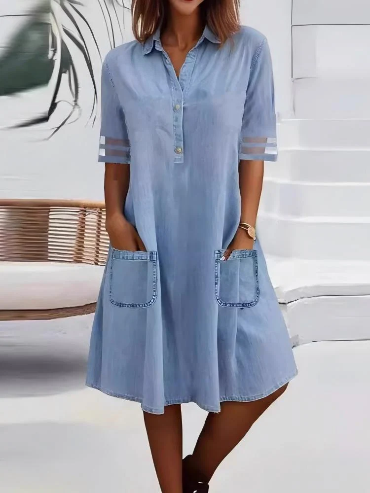 Mesh-paneled Solid Color Denim Short-sleeved Midi Dress - Image 2