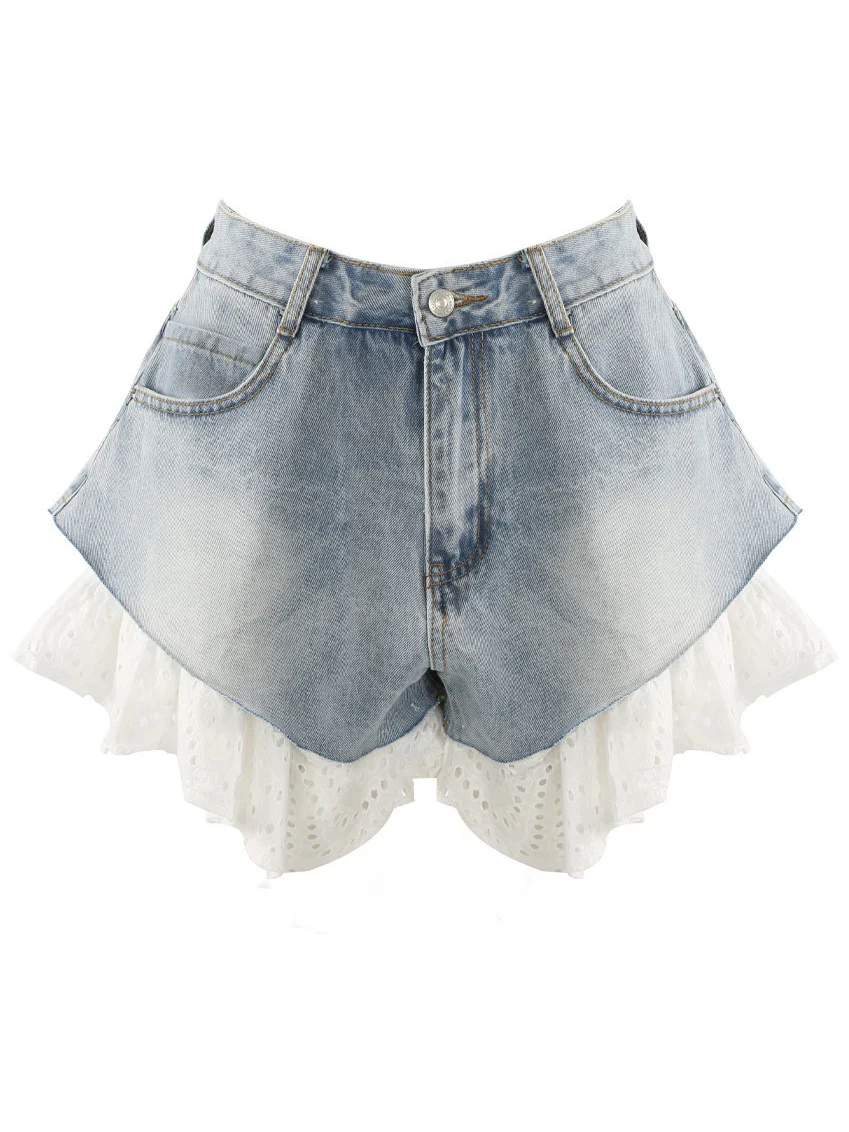 Straight-leg Patchwork Lace Denim Shorts - Image 12