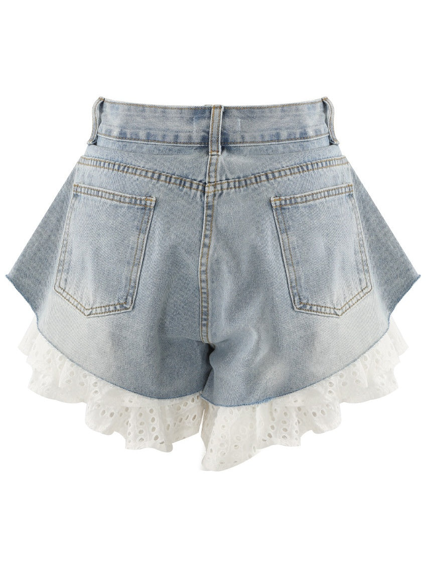 Straight-leg Patchwork Lace Denim Shorts - Image 13