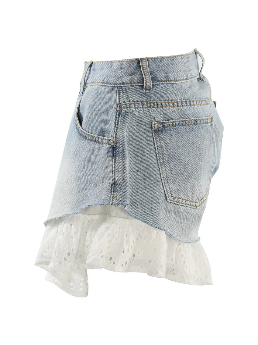 Straight-leg Patchwork Lace Denim Shorts - Image 14