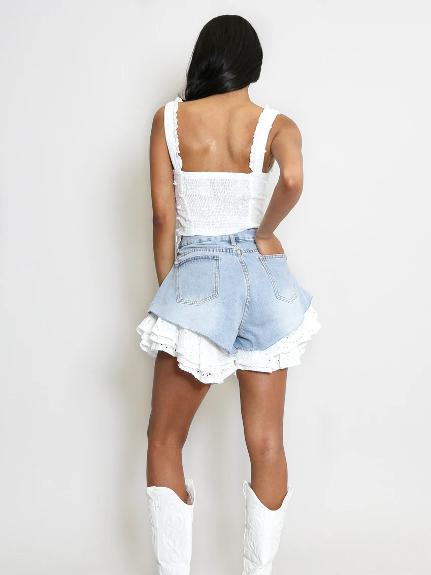 Straight-leg Patchwork Lace Denim Shorts - Image 9