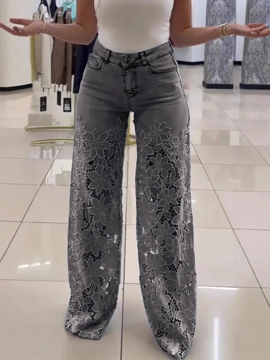 High-waisted Wide-leg Pants Openwork Lace Patchwork Jeans - Image 2