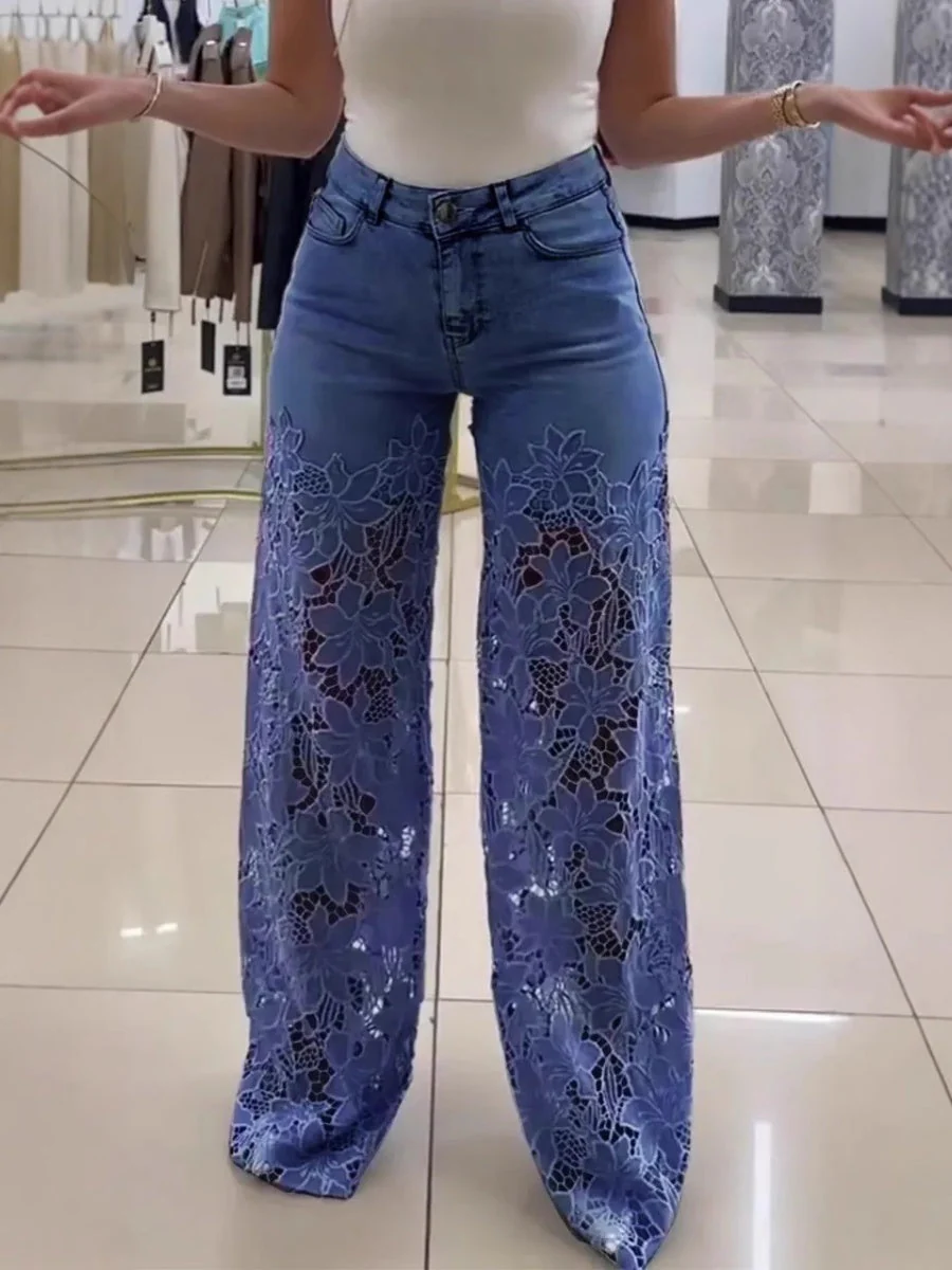 High-waisted Wide-leg Pants Openwork Lace Patchwork Jeans - Image 3