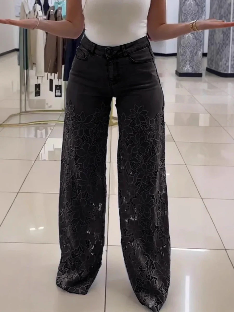 High-waisted Wide-leg Pants Openwork Lace Patchwork Jeans - Image 4