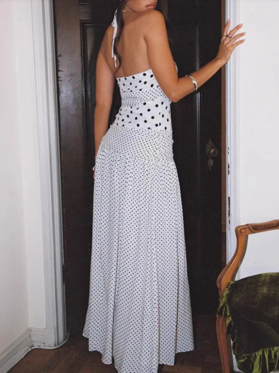 Ruffled Lace Square Neck Polka Dot Suspender Long Dress - Image 4