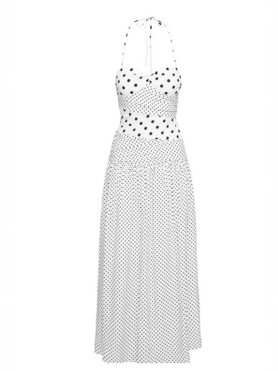 Ruffled Lace Square Neck Polka Dot Suspender Long Dress - Image 5