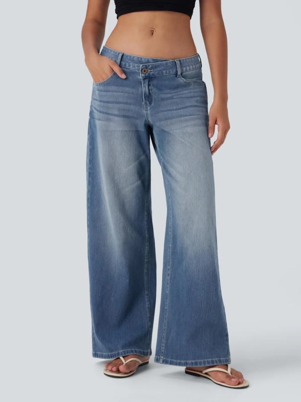 Asymmetrical Low-rise Slanted Button Zipper Jeans - Image 2