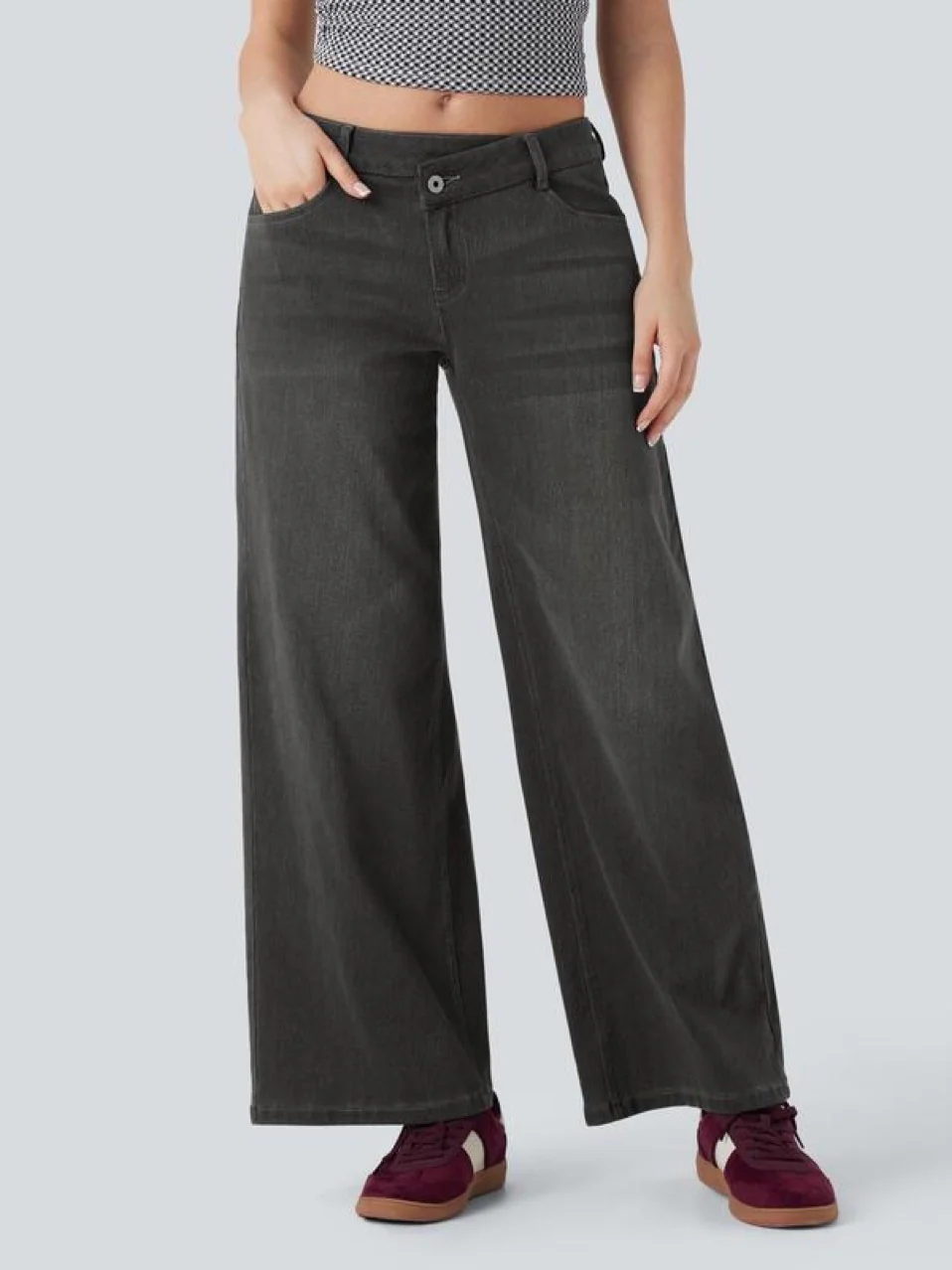 Asymmetrical Low-rise Slanted Button Zipper Jeans - Image 3