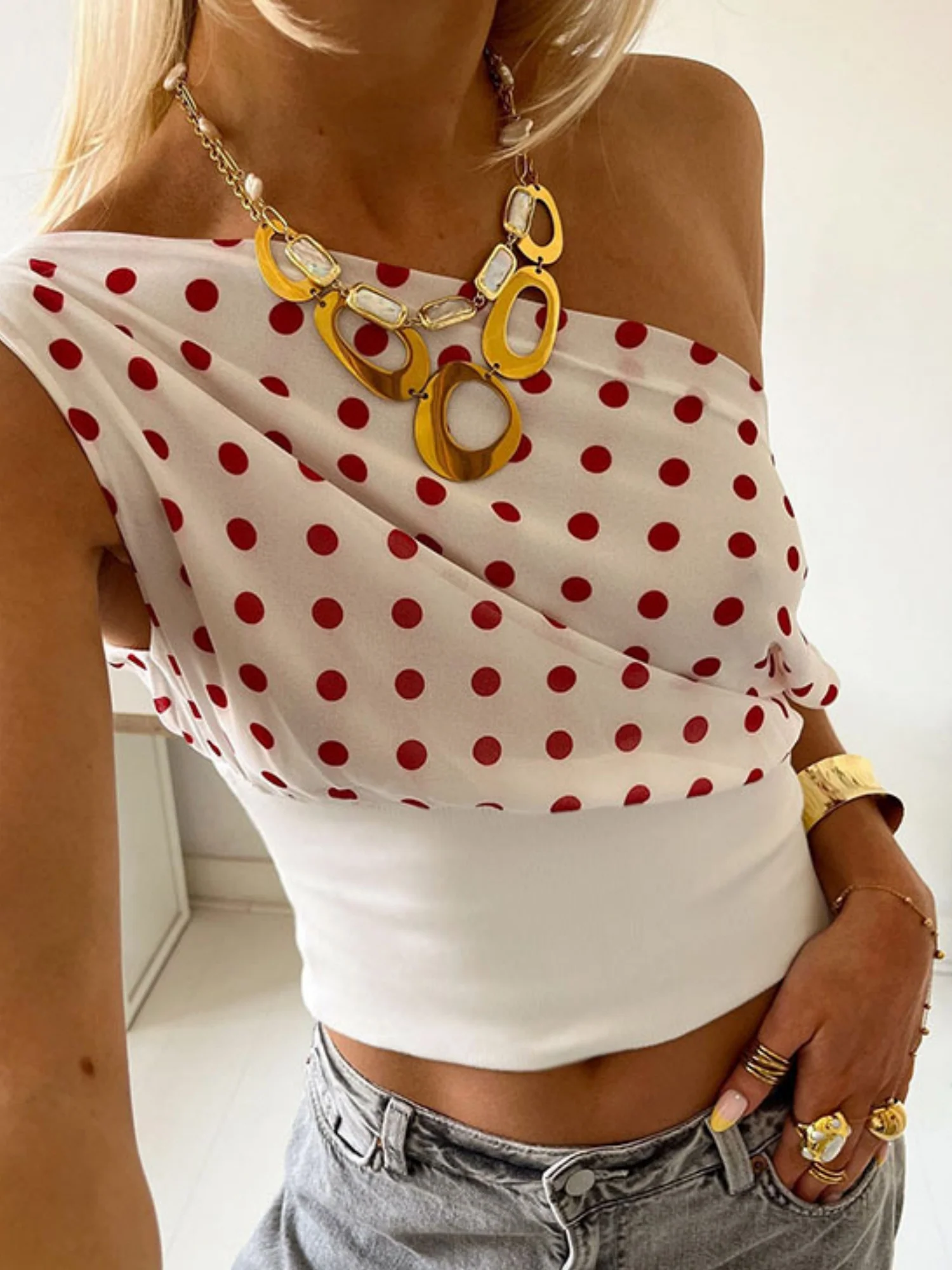 Polka Dots One-shoulder Off-shoulder Cropped Top And Cinched Waist Tank Tops&Camis