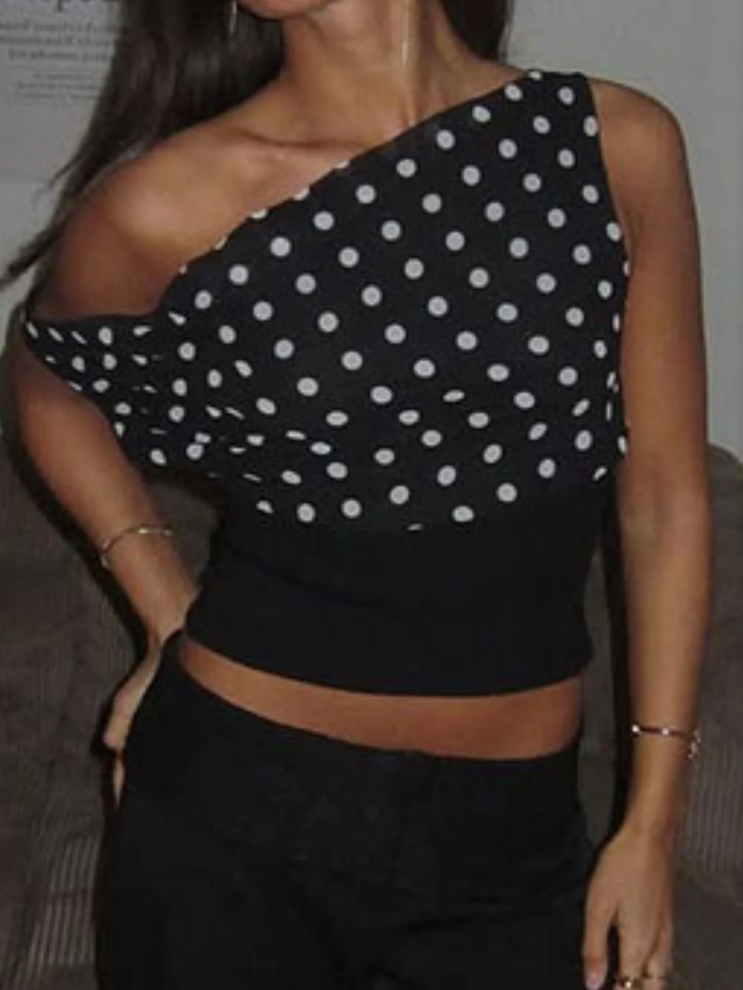 Polka Dots One-shoulder Off-shoulder Cropped Top And Cinched Waist Tank Tops&Camis - Image 6