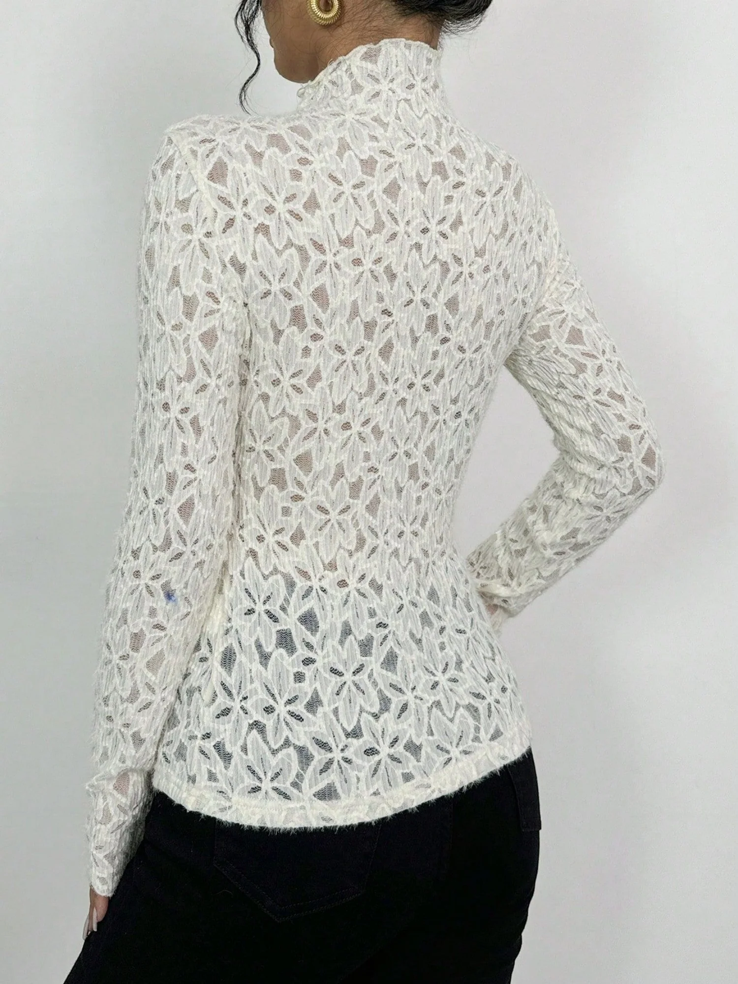 Lace Flowers Perspective High Collar Slim Fit Long-sleeved T-shirt - Image 2