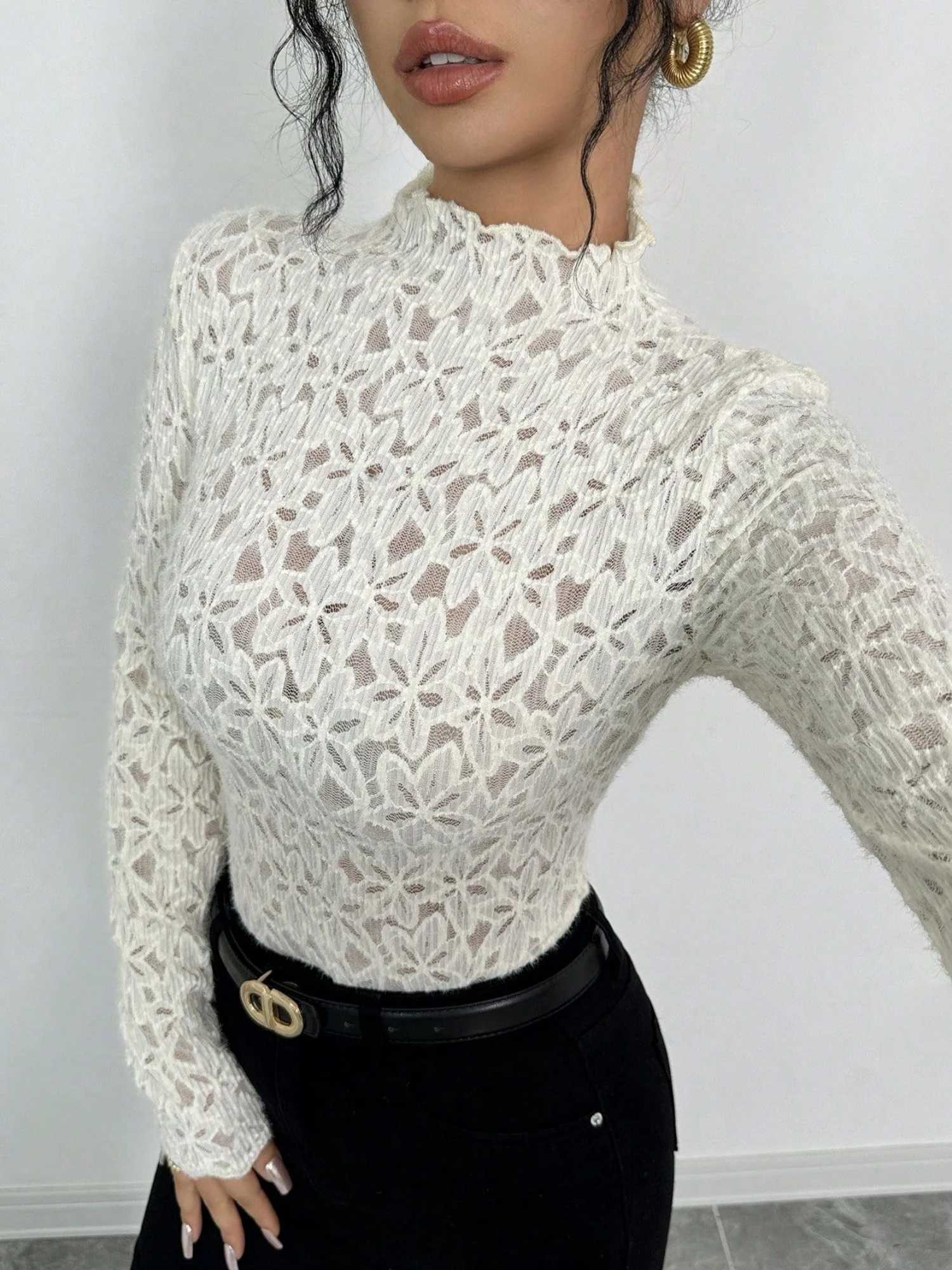 Lace Flowers Perspective High Collar Slim Fit Long-sleeved T-shirt - Image 4