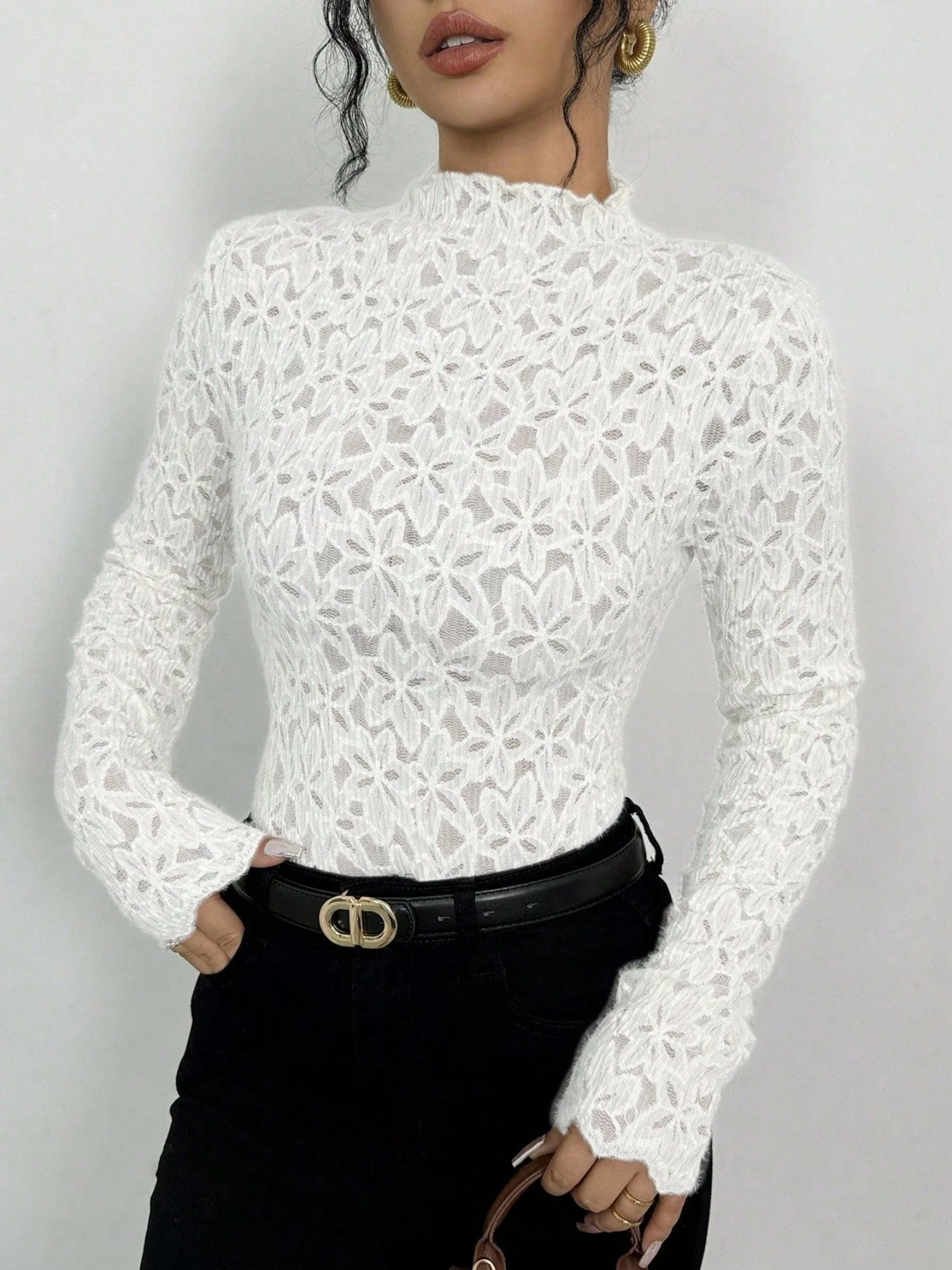 Lace Flowers Perspective High Collar Slim Fit Long-sleeved T-shirt - Image 5