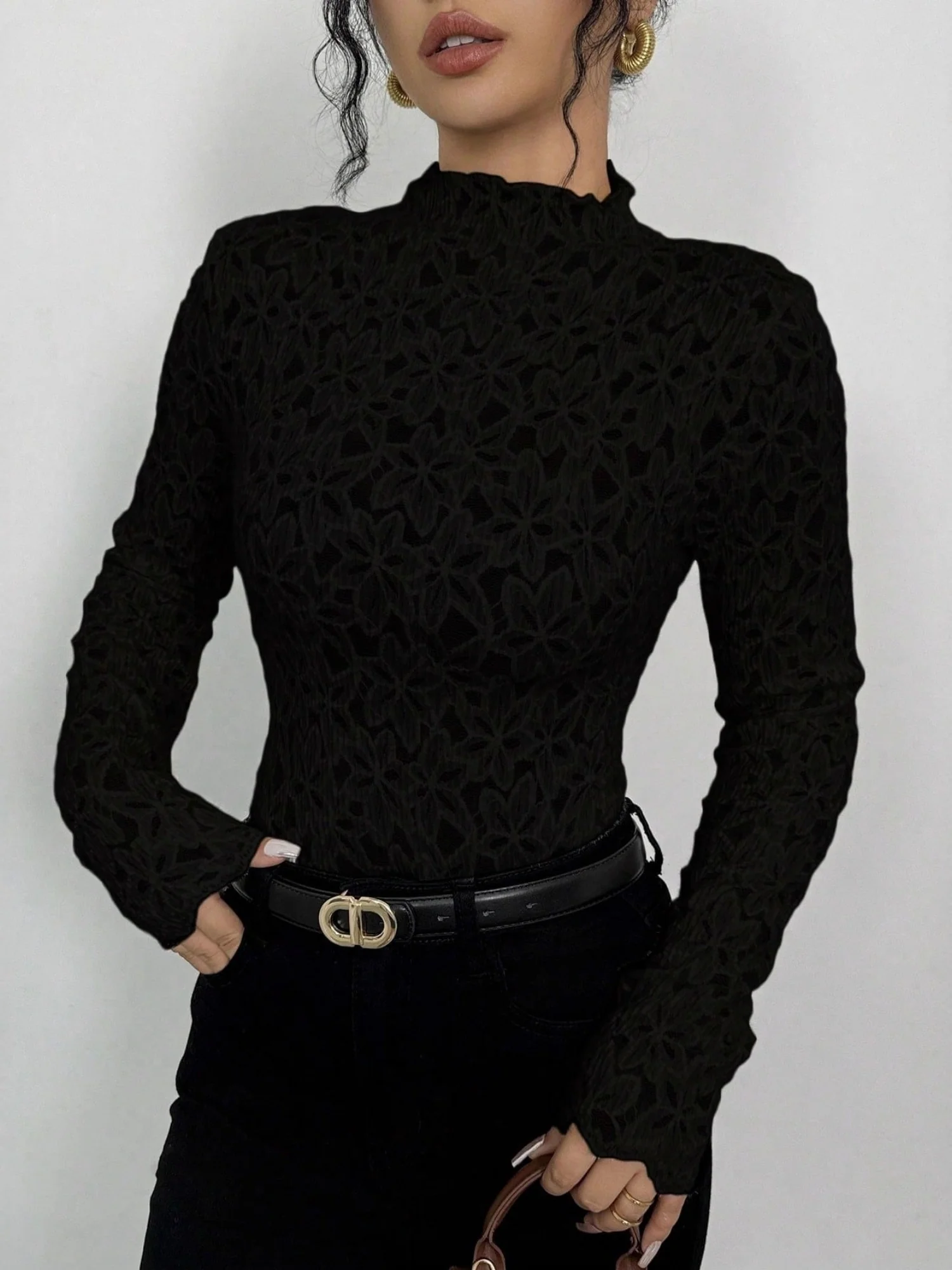 Lace Flowers Perspective High Collar Slim Fit Long-sleeved T-shirt - Image 6