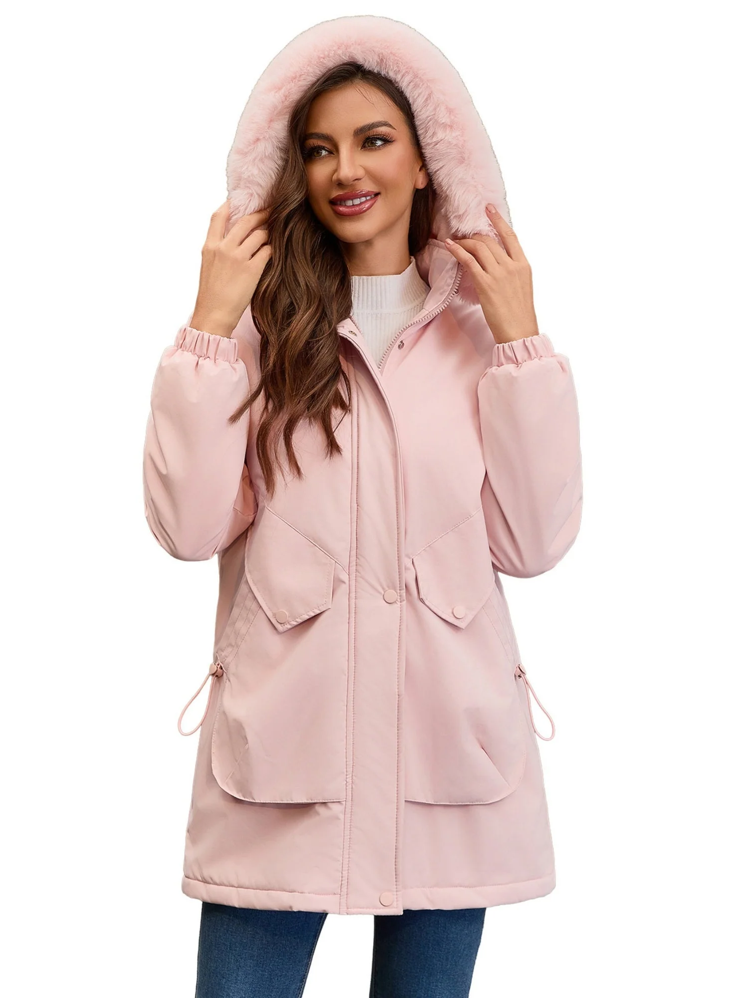 With Fur Collar Hooded For Warmth Drawstring Pocket Down Jacket - Image 10