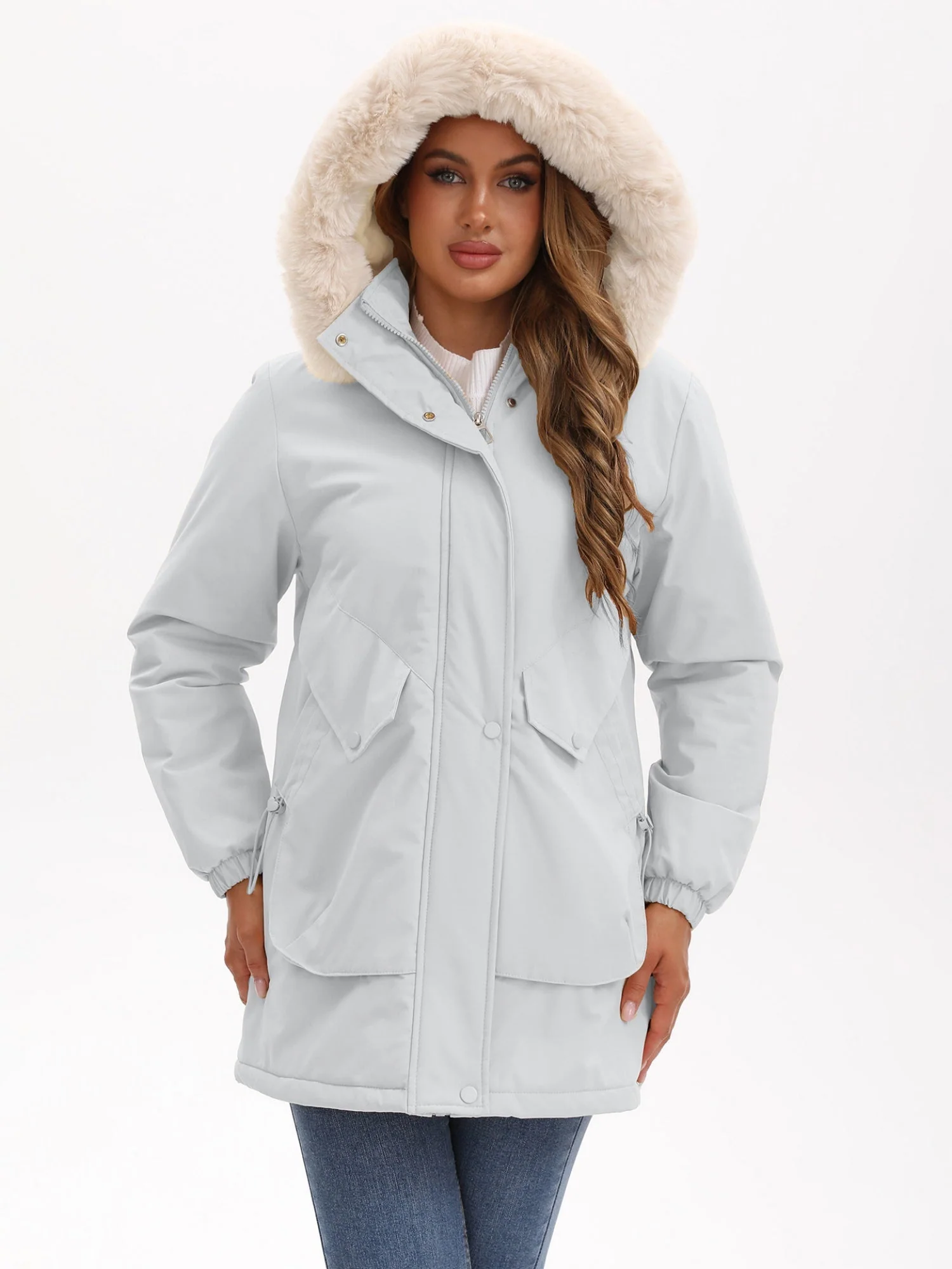 With Fur Collar Hooded For Warmth Drawstring Pocket Down Jacket - Image 13